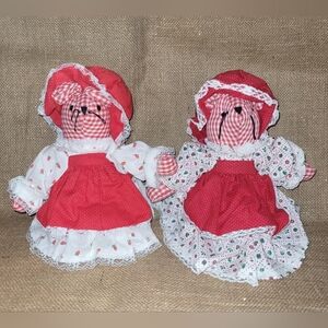 Christmas Mouse Stuffed Animal Set/2 ‎ Dress Apron Bonnet Vintage Handmade Decor